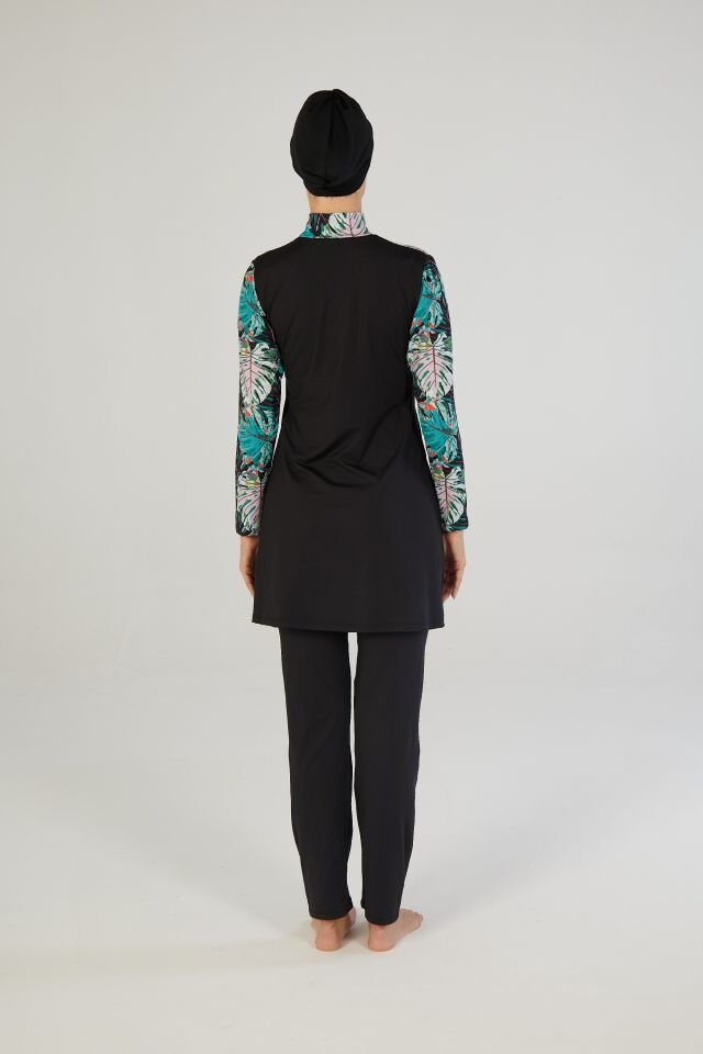 Estiva Kadın Tam Kapalı Yarım Fermuarlı Palmiye Desenli Tesettür Mayo Siyah