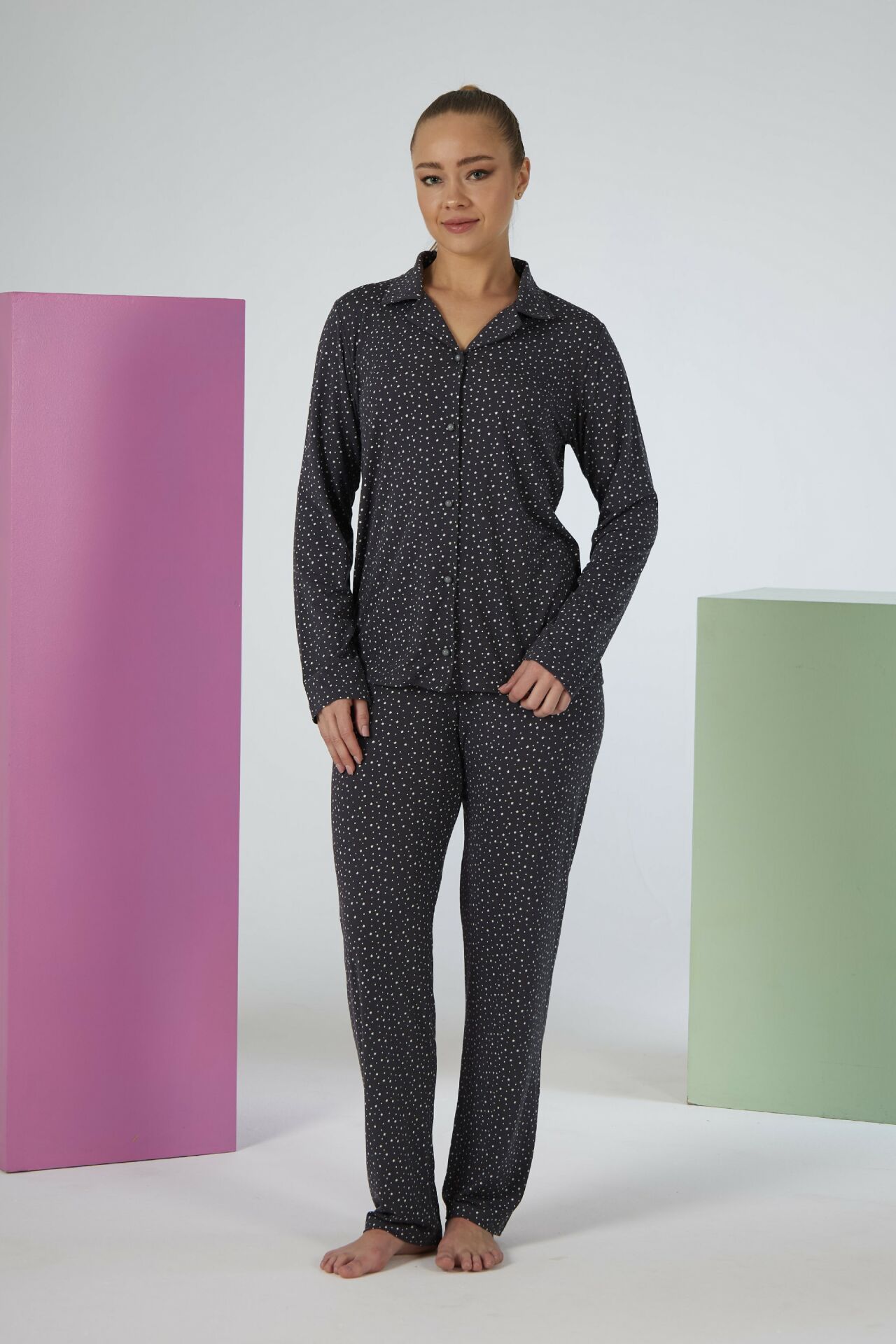 Estiva Kadın Yıldız Desenli Lacivert Önden Düğmeli Soft Pijama Takımı