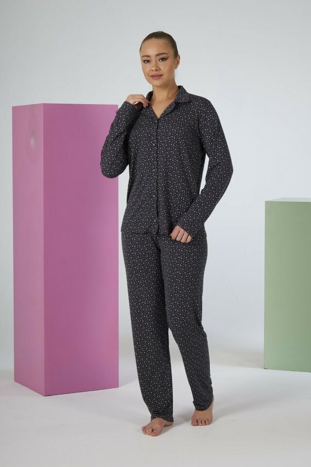Estiva Kadın Yıldız Desenli Lacivert Önden Düğmeli Soft Pijama Takımı