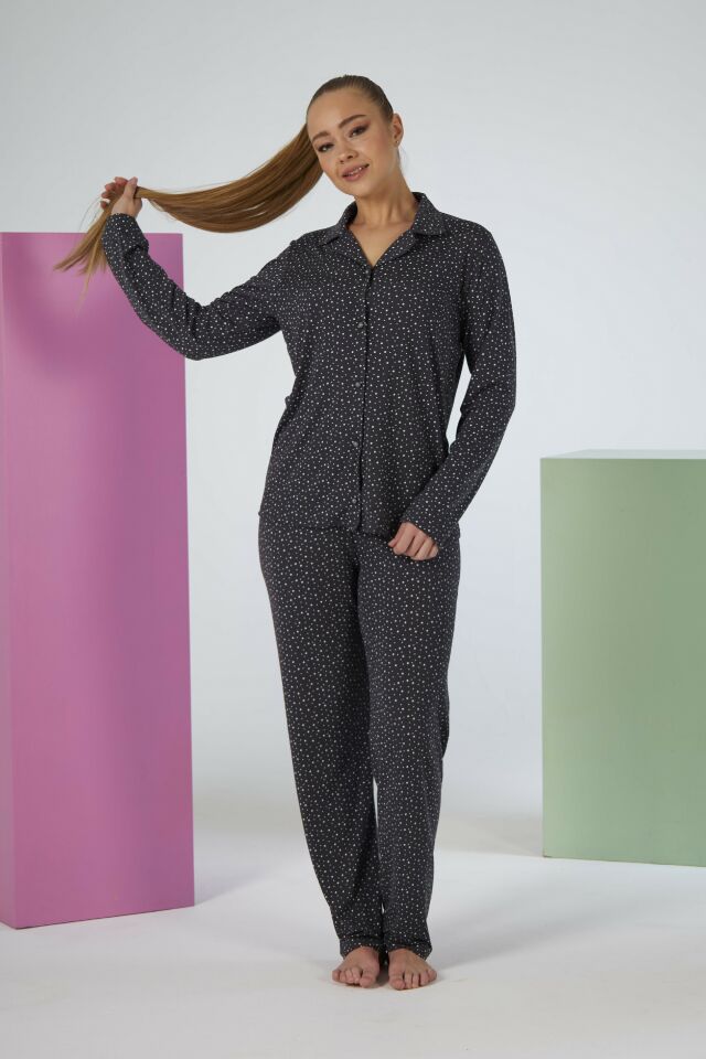 Estiva Kadın Yıldız Desenli Lacivert Önden Düğmeli Soft Pijama Takımı