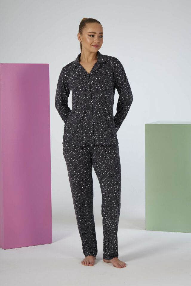 Estiva Kadın Yıldız Desenli Lacivert Önden Düğmeli Soft Pijama Takımı