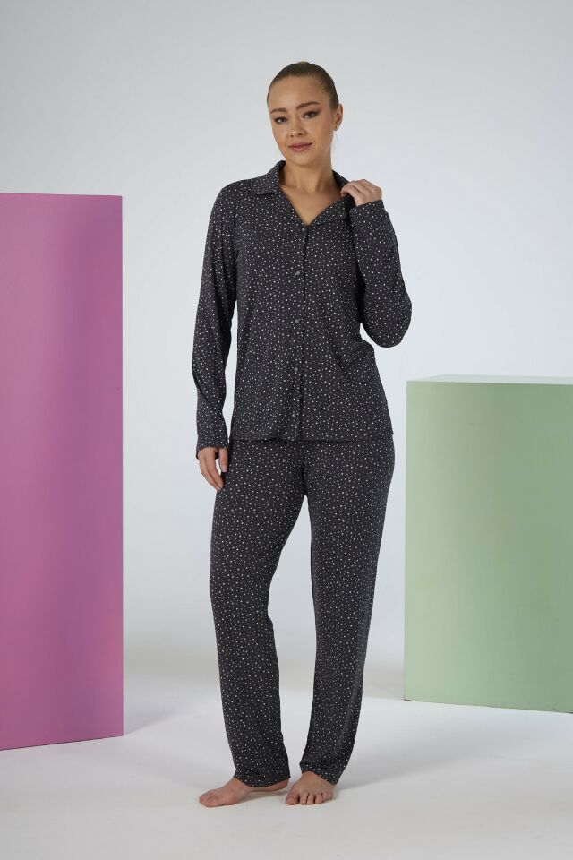 Estiva Kadın Yıldız Desenli Lacivert Önden Düğmeli Soft Pijama Takımı