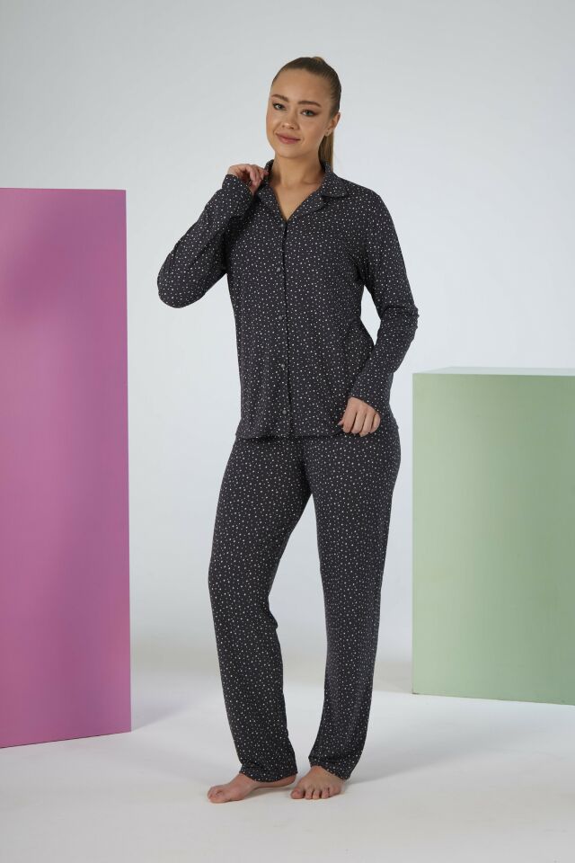 Estiva Kadın Yıldız Desenli Lacivert Önden Düğmeli Soft Pijama Takımı