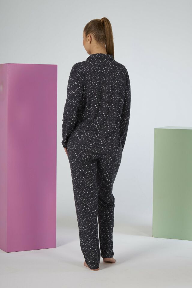 Estiva Kadın Yıldız Desenli Lacivert Önden Düğmeli Soft Pijama Takımı