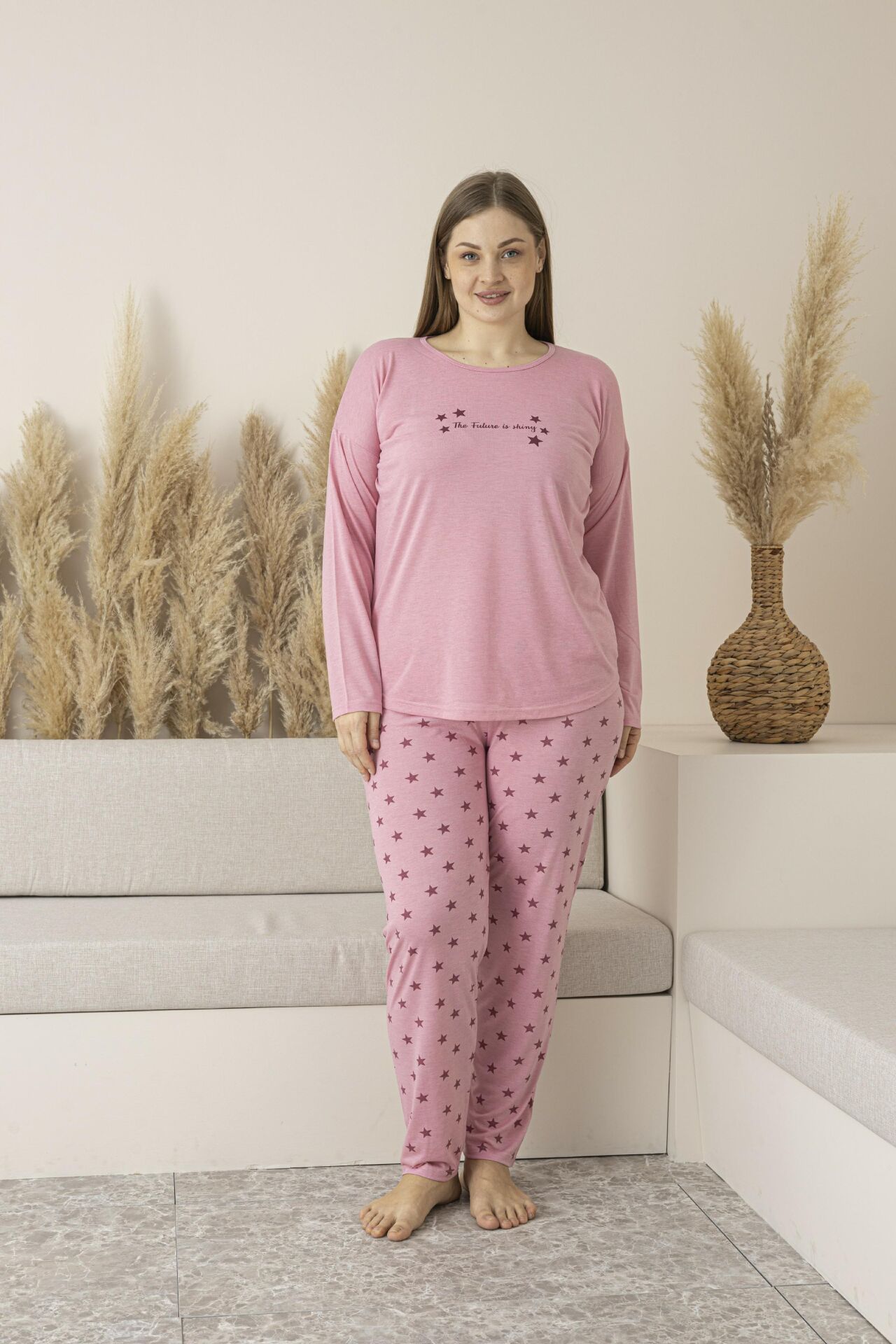 Kadın Yazlık Yıldız Desenli Uzun Kollu Viskon Battal Pijama Takımı 4XL - Pembe