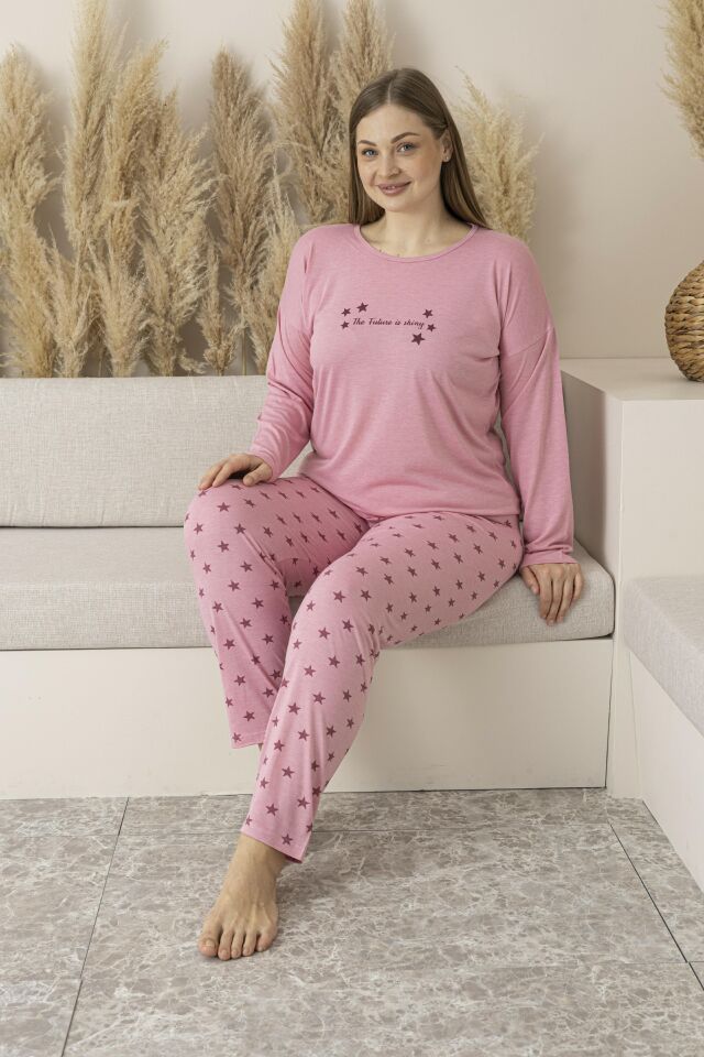 Kadın Yazlık Yıldız Desenli Uzun Kollu Viskon Battal Pijama Takımı 4XL - Pembe