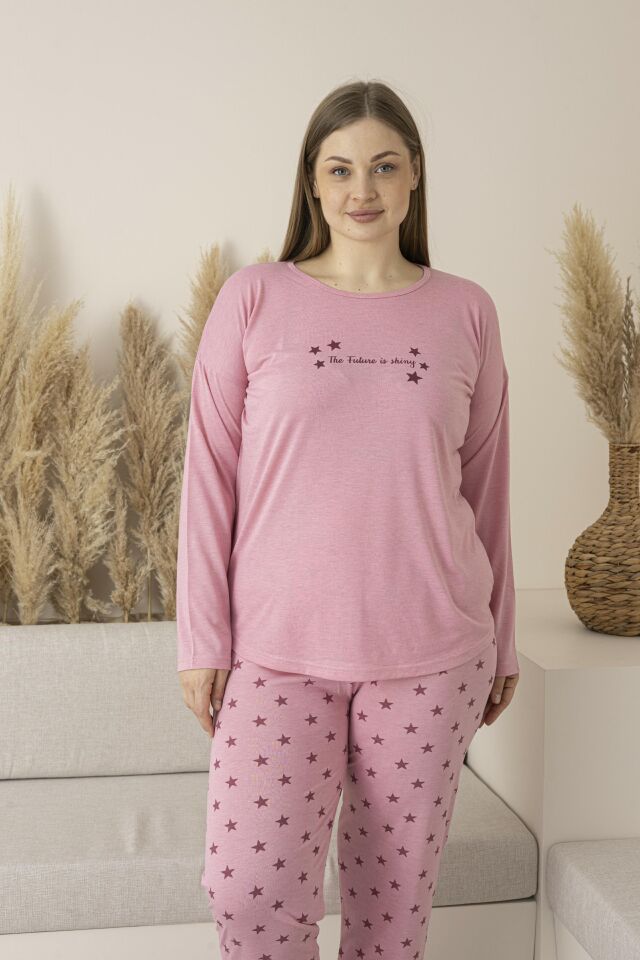 Kadın Yazlık Yıldız Desenli Uzun Kollu Viskon Battal Pijama Takımı 5XL - Pembe