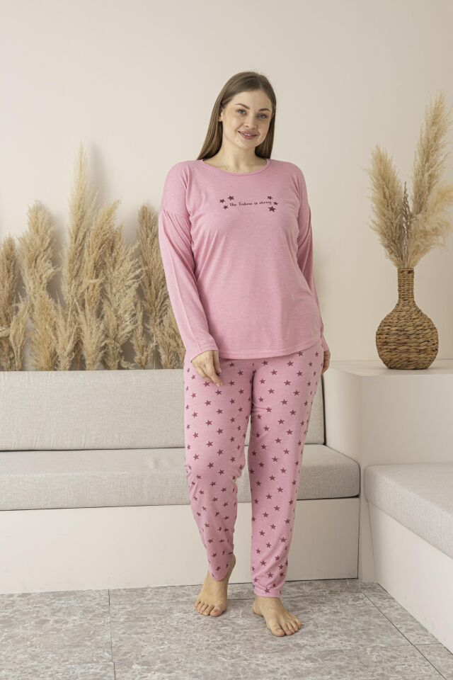Kadın Yazlık Yıldız Desenli Uzun Kollu Viskon Battal Pijama Takımı 5XL - Pembe