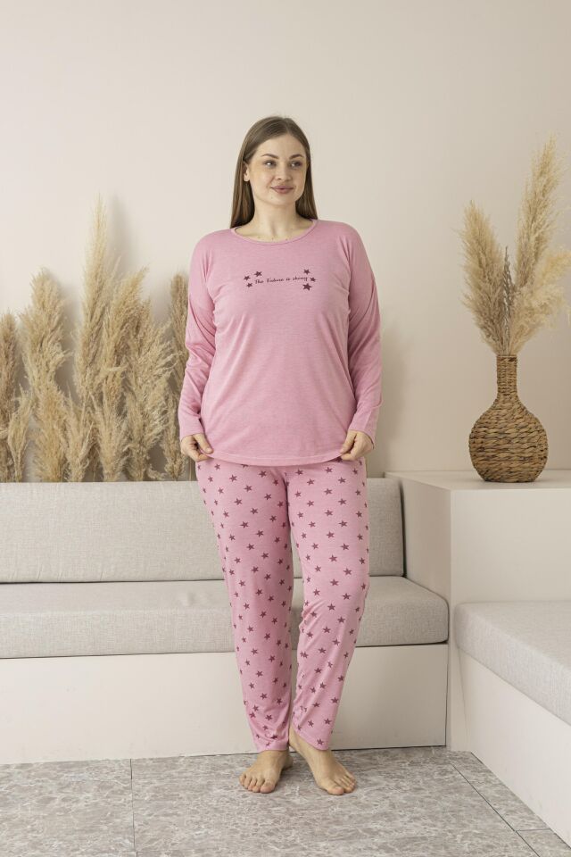 Kadın Yazlık Yıldız Desenli Uzun Kollu Viskon Battal Pijama Takımı 5XL - Pembe