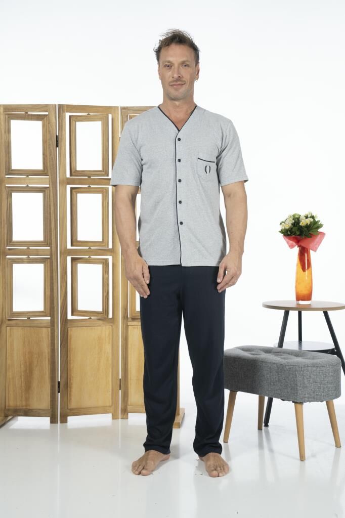 Estiva Erkek Önden Düğmeli Kısa Kollu Cepli Yazlık Penye Pijama Takımı M - Gri