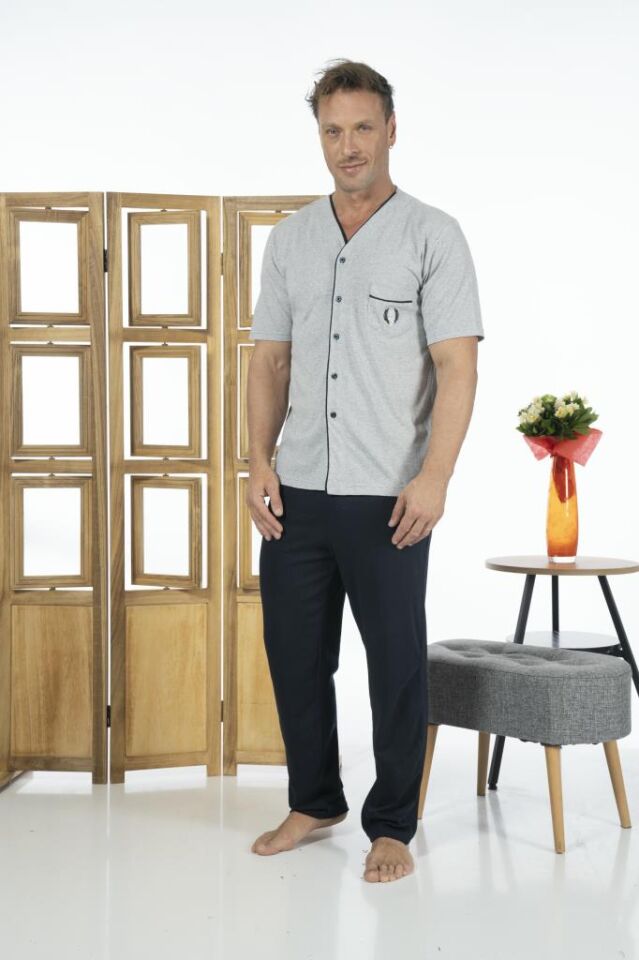 Estiva Erkek Önden Düğmeli Kısa Kollu Cepli Yazlık Penye Pijama Takımı L - Gri