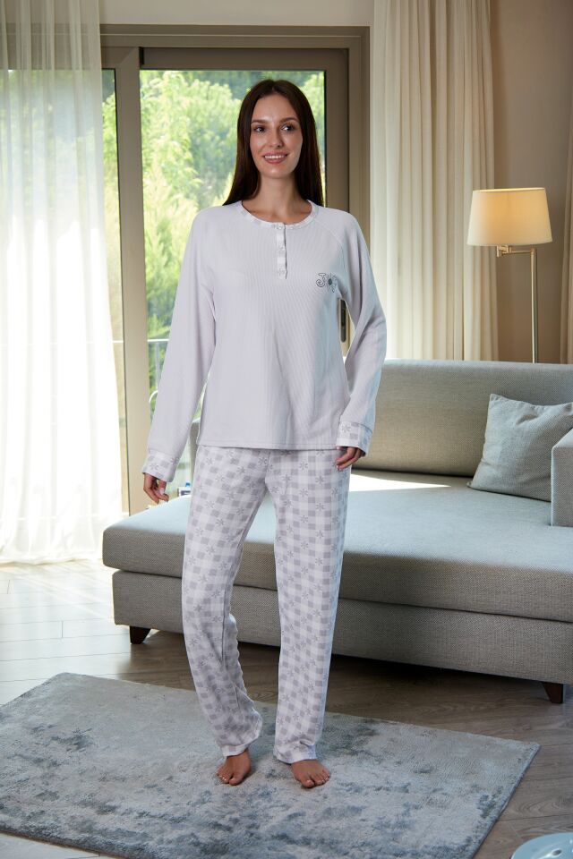 Estiva Kadın Kareli Patlı Waffle Kumaş Pijama Takımı XL - Gri