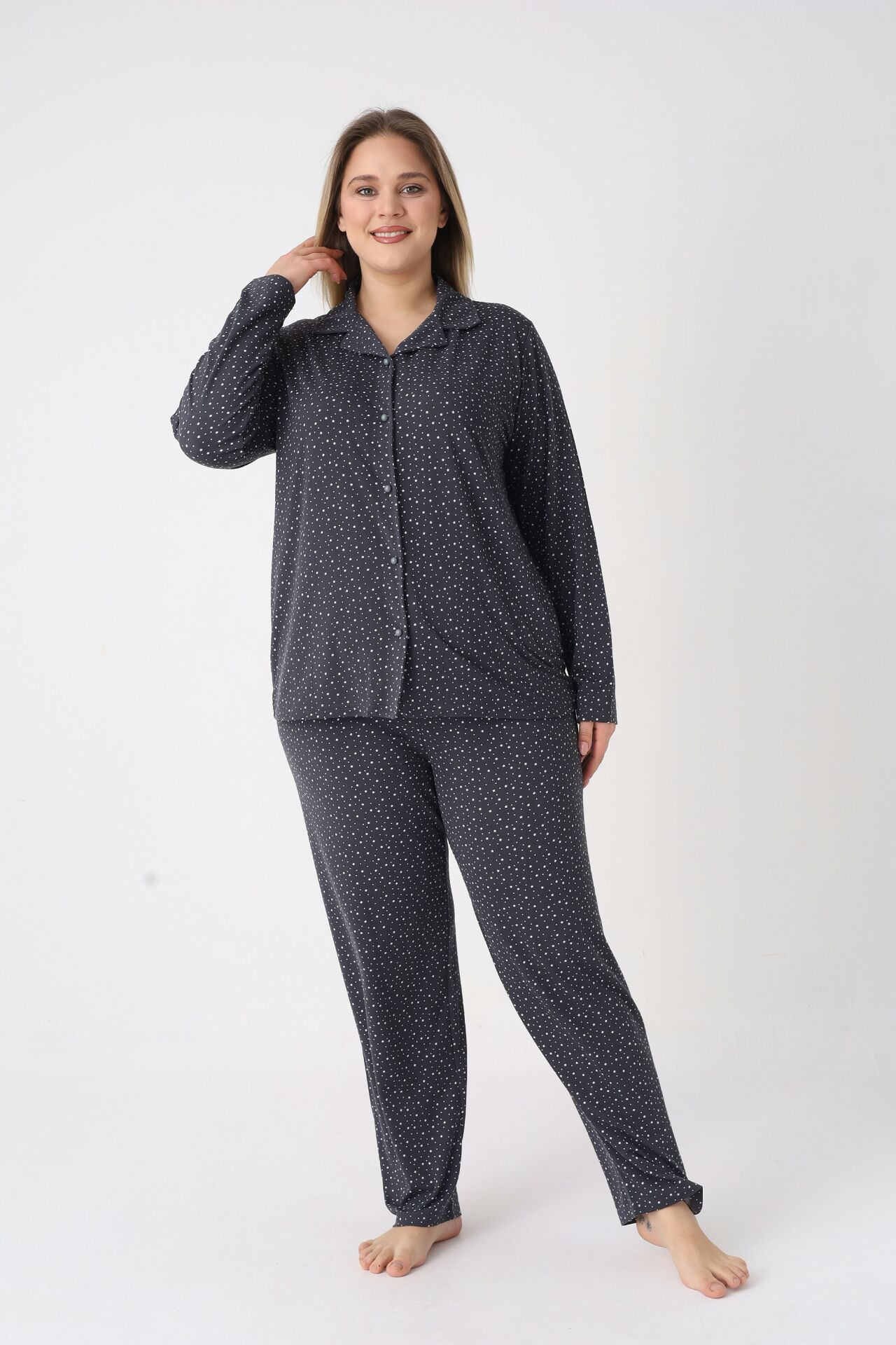 Estiva Kadın Yıldız Desenli Lacivert Önden Düğmeli Soft Battal Pijama Takımı