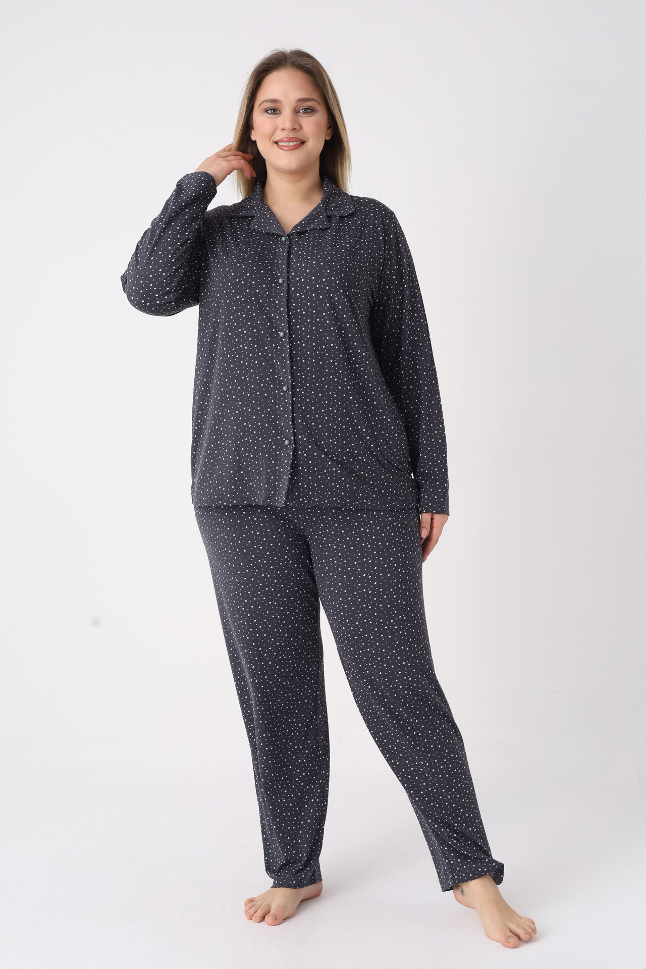 Estiva Kadın Yıldız Desenli Lacivert Önden Düğmeli Soft Battal Pijama Takımı
