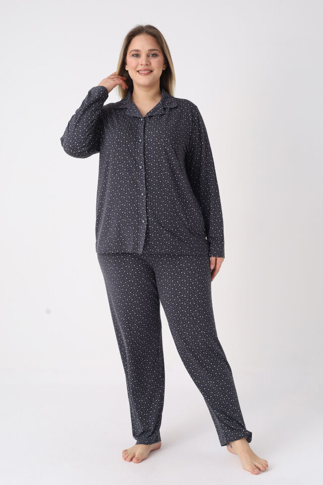 Estiva Kadın Yıldız Desenli Lacivert Önden Düğmeli Soft Battal Pijama Takımı