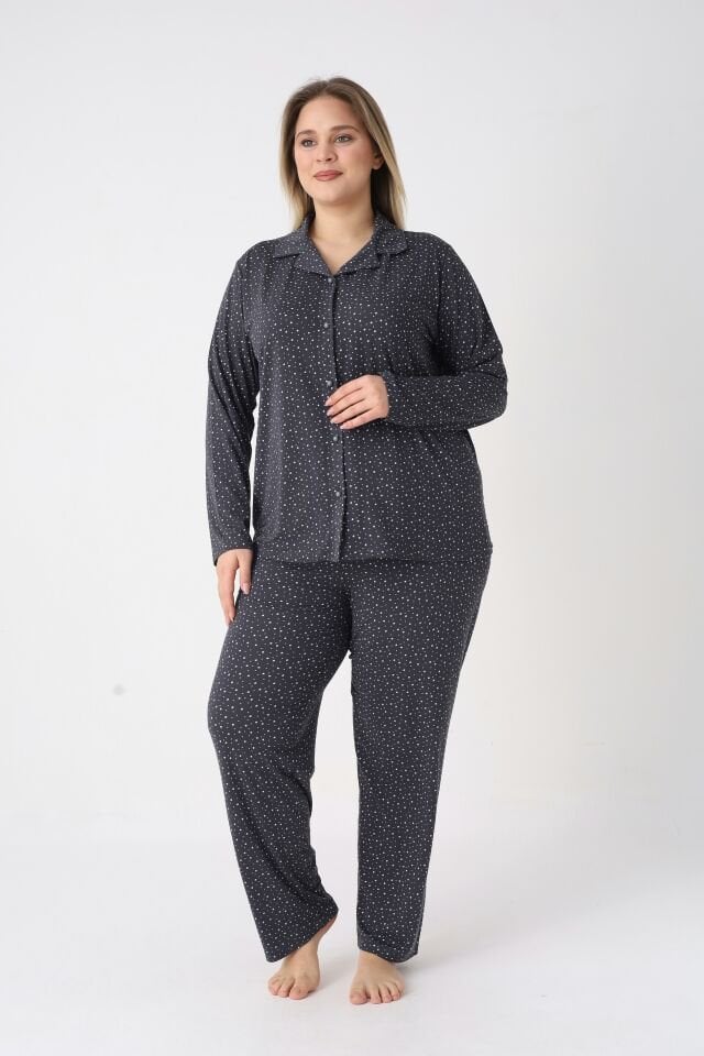 Estiva Kadın Yıldız Desenli Lacivert Önden Düğmeli Soft Battal Pijama Takımı