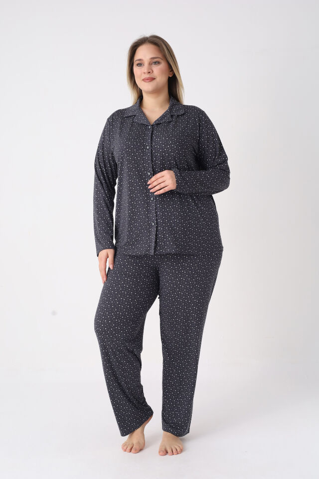 Estiva Kadın Yıldız Desenli Lacivert Önden Düğmeli Soft Battal Pijama Takımı alternatif görsel
