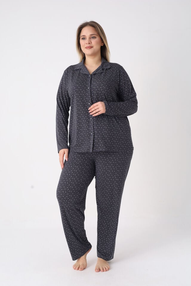 Estiva Kadın Yıldız Desenli Lacivert Önden Düğmeli Soft Battal Pijama Takımı alternatif görsel