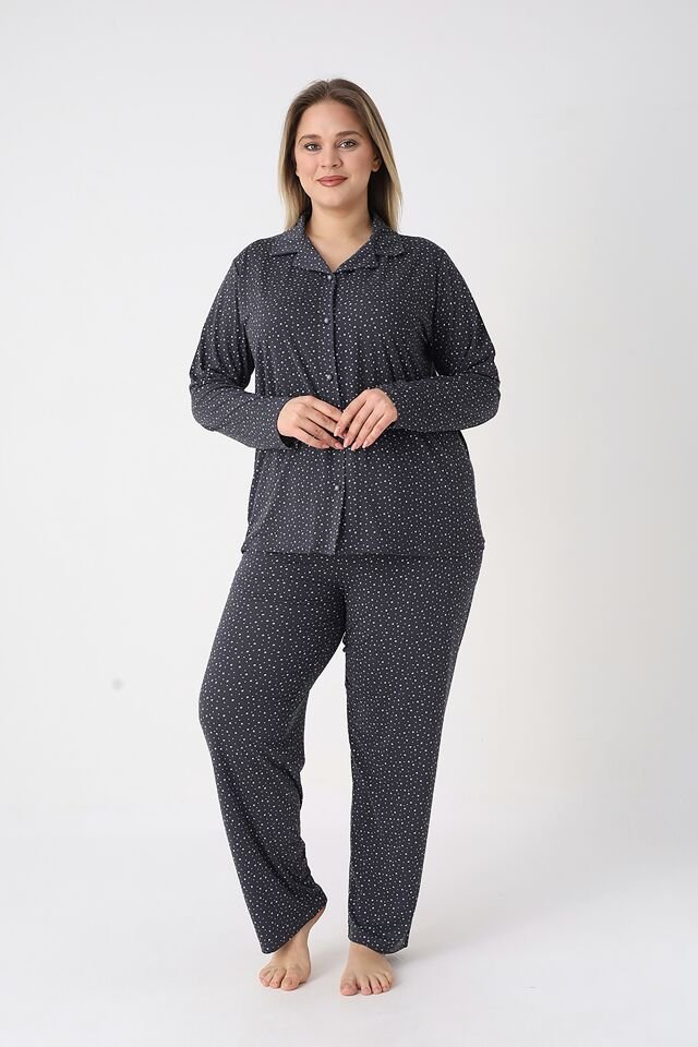 Estiva Kadın Yıldız Desenli Lacivert Önden Düğmeli Soft Battal Pijama Takımı