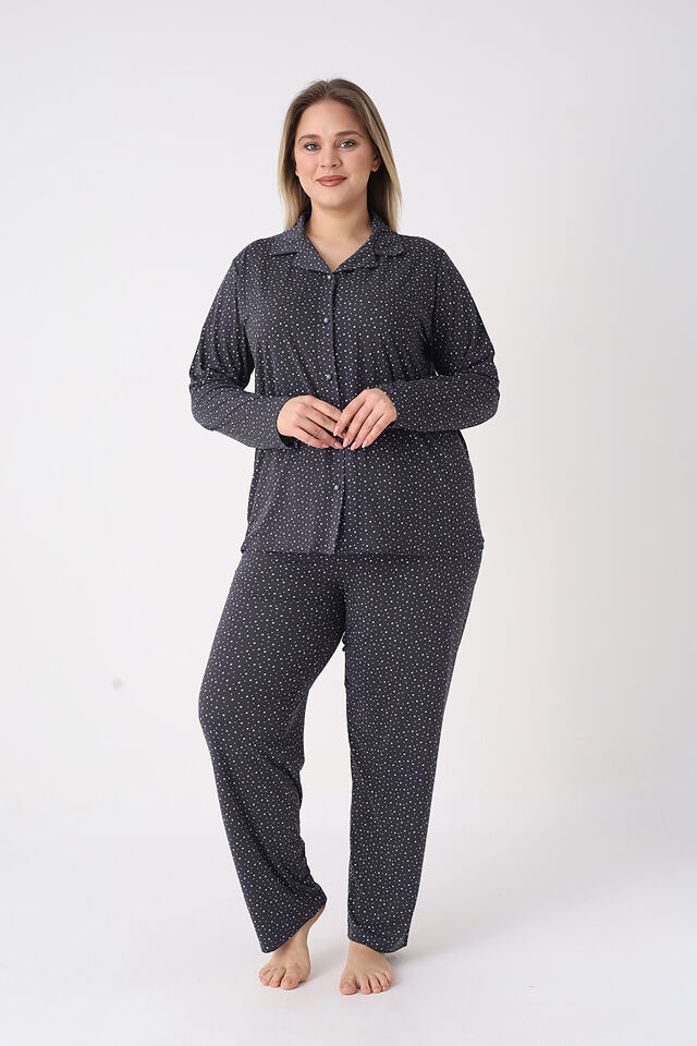 Estiva Kadın Yıldız Desenli Lacivert Önden Düğmeli Soft Battal Pijama Takımı