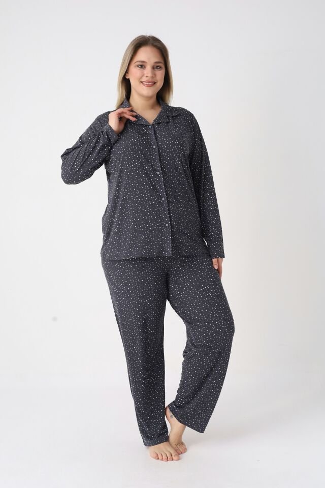 Estiva Kadın Yıldız Desenli Lacivert Önden Düğmeli Soft Battal Pijama Takımı