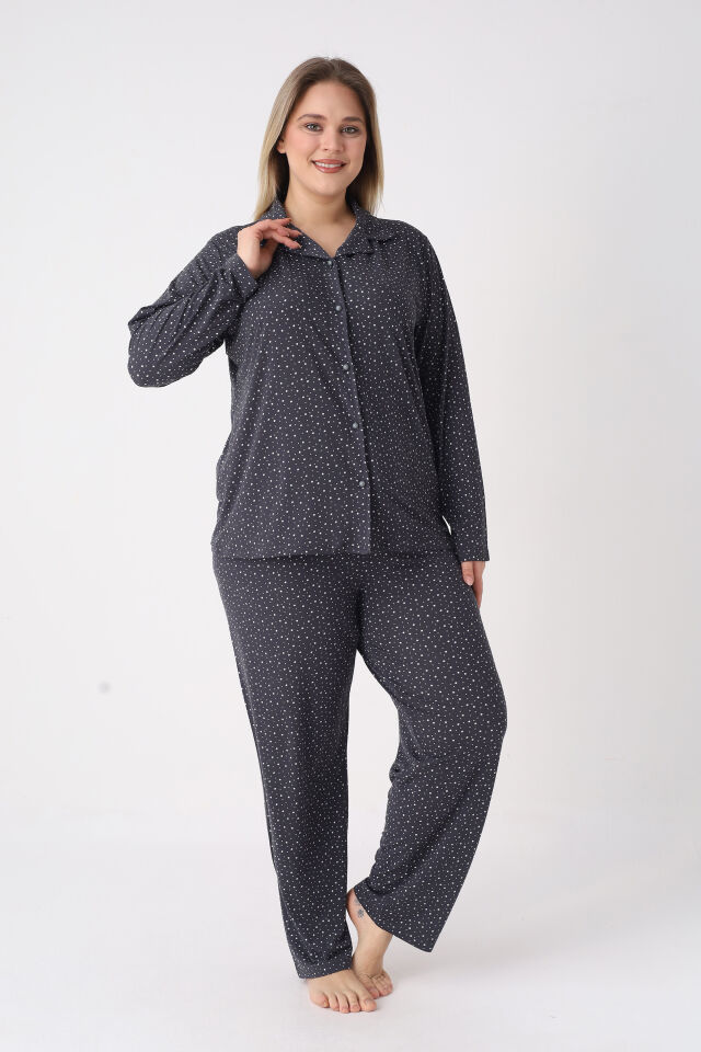 Estiva Kadın Yıldız Desenli Lacivert Önden Düğmeli Soft Battal Pijama Takımı