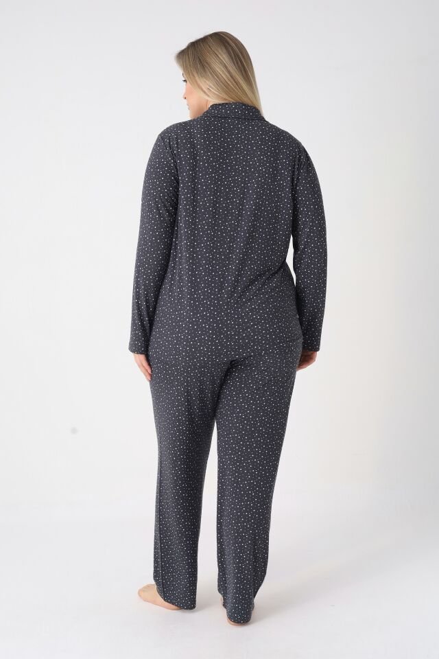 Estiva Kadın Yıldız Desenli Lacivert Önden Düğmeli Soft Battal Pijama Takımı