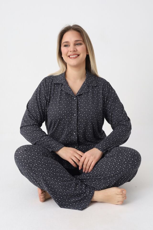 Estiva Kadın Yıldız Desenli Lacivert Önden Düğmeli Soft Battal Pijama Takımı