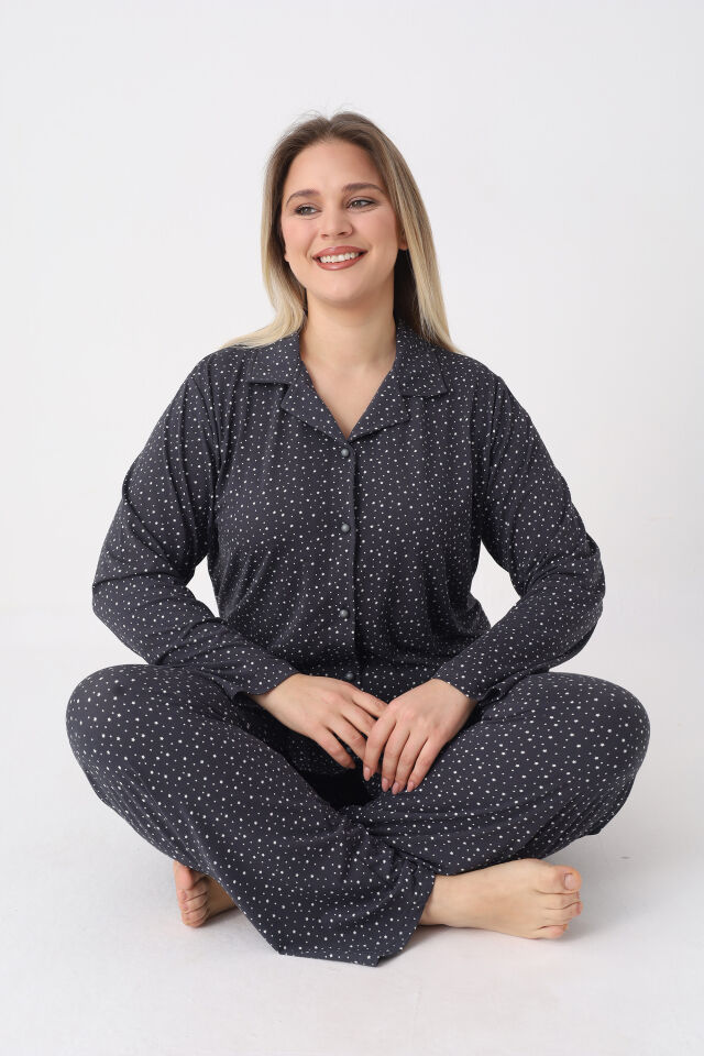 Estiva Kadın Yıldız Desenli Lacivert Önden Düğmeli Soft Battal Pijama Takımı