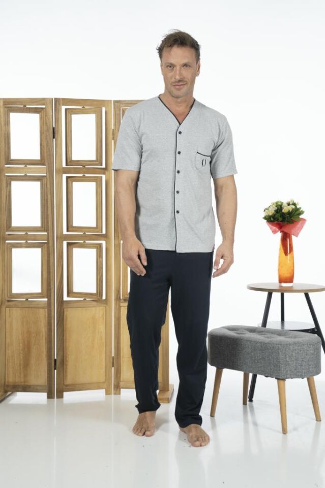 Estiva Erkek Önden Düğmeli Kısa Kollu Cepli Yazlık Penye Pijama Takımı 2XL - Gri