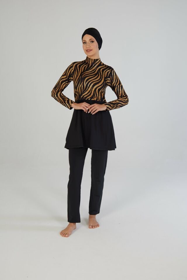 Estiva Kadın Tam Kapalı Kaplan Desenli Tesettür Mayo Siyah