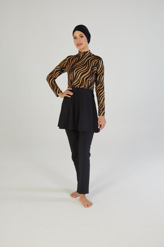 Estiva Kadın Tam Kapalı Kaplan Desenli Tesettür Mayo Siyah