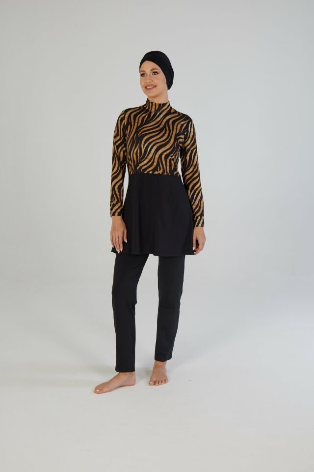 Estiva Kadın Tam Kapalı Kaplan Desenli Tesettür Mayo Siyah