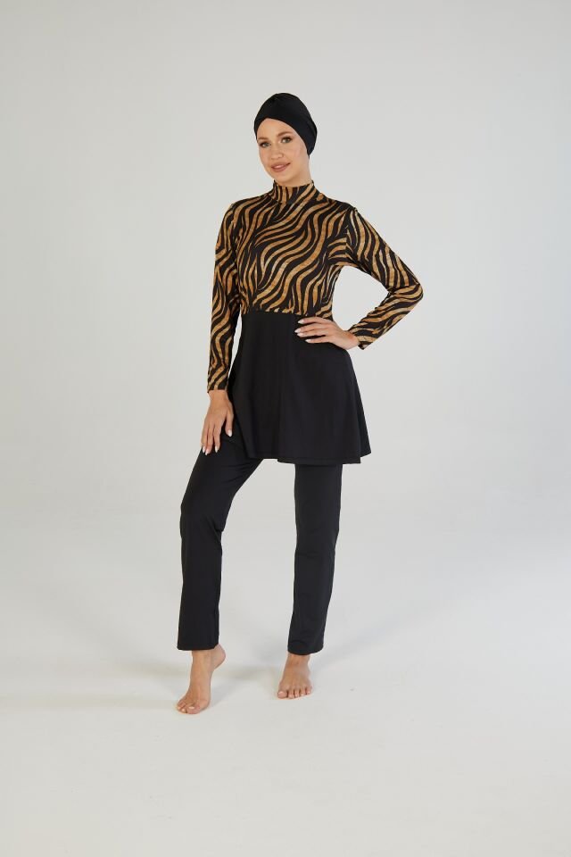 Estiva Kadın Tam Kapalı Kaplan Desenli Tesettür Mayo Siyah