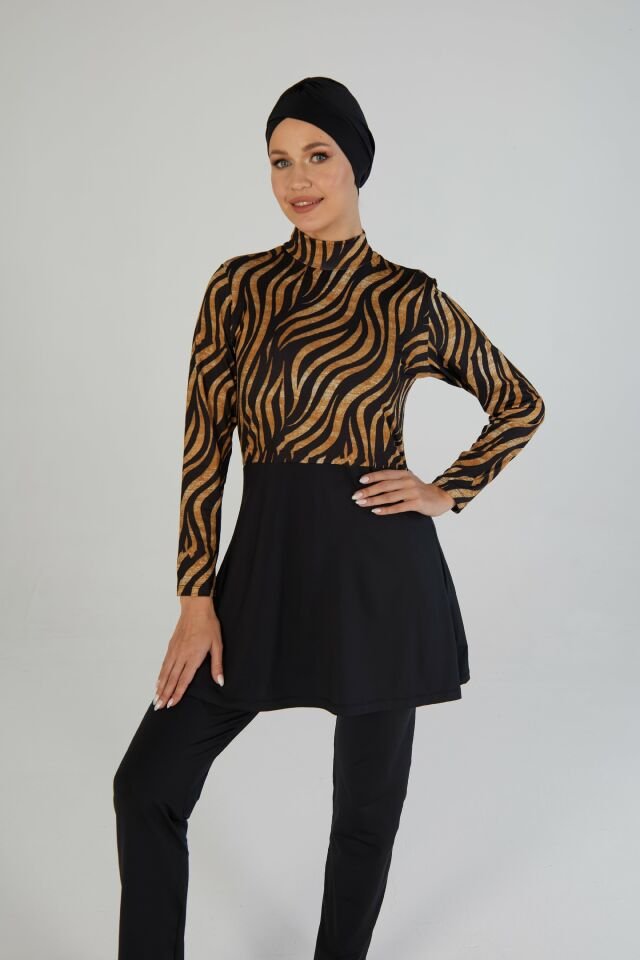 Estiva Kadın Tam Kapalı Kaplan Desenli Tesettür Mayo Siyah