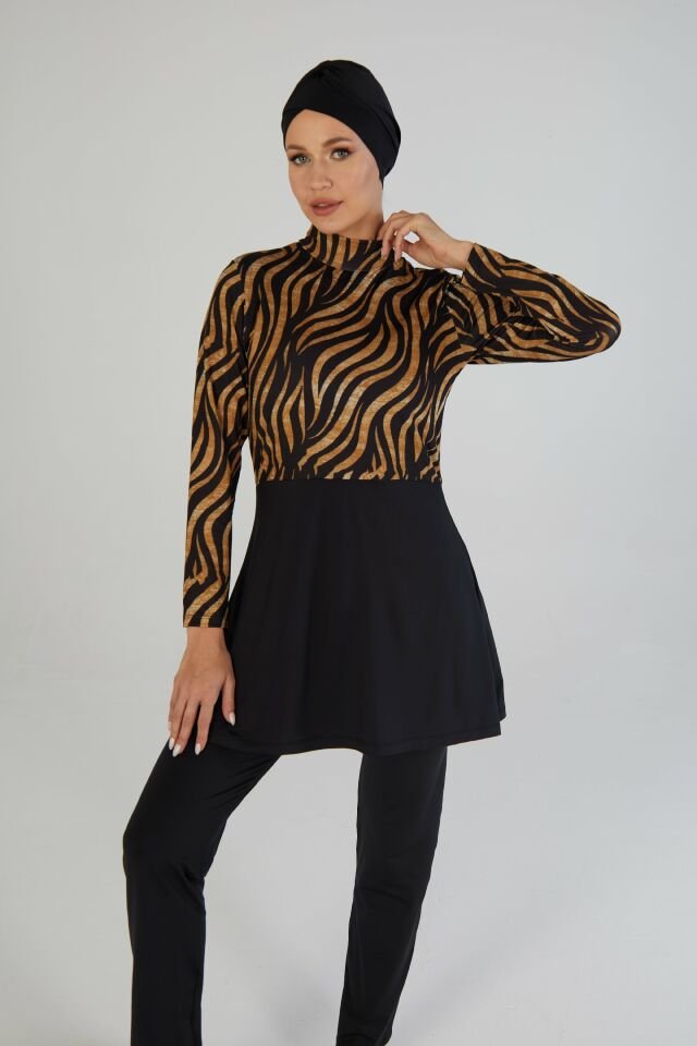 Estiva Kadın Tam Kapalı Kaplan Desenli Tesettür Mayo Siyah