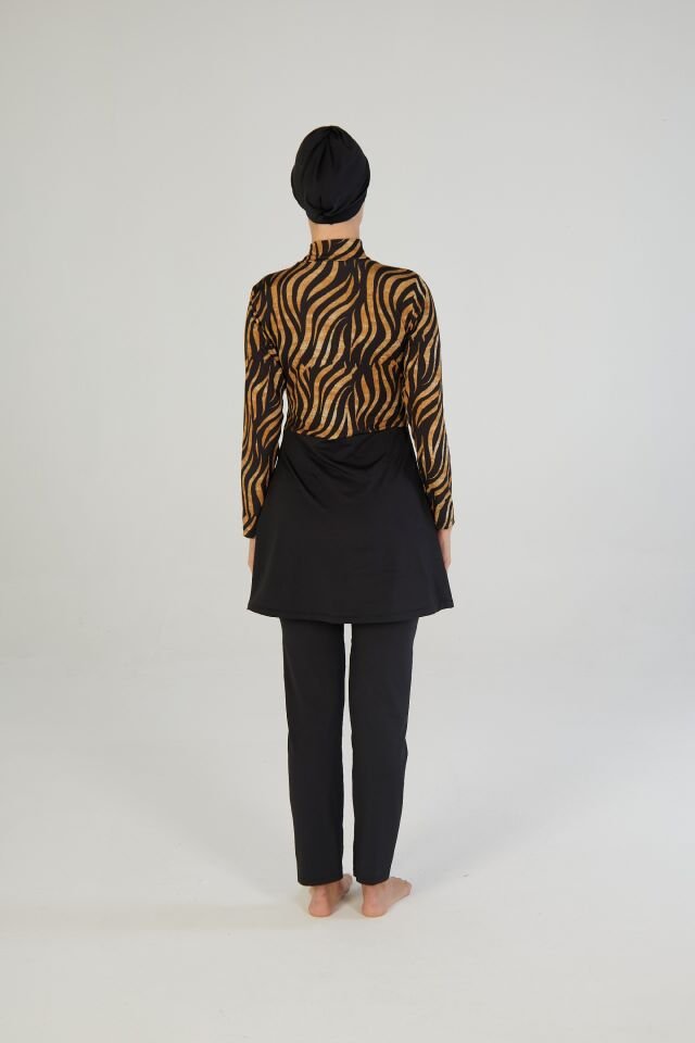 Estiva Kadın Tam Kapalı Kaplan Desenli Tesettür Mayo Siyah