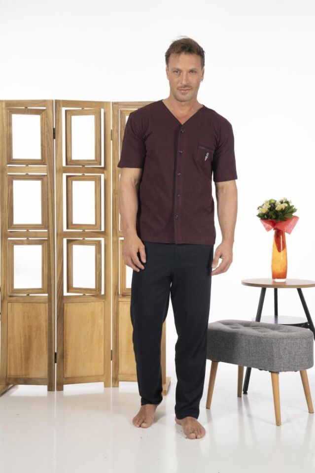 Estiva Erkek Önden Düğmeli Kısa Kollu Cepli Yazlık Penye Pijama Takımı XL - Bordo