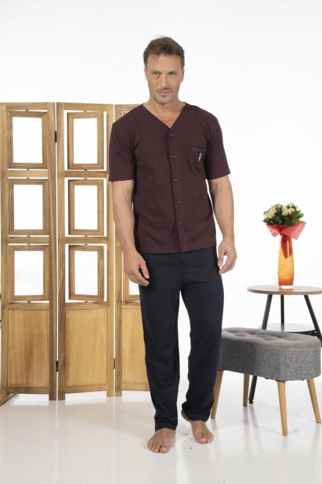Estiva Erkek Önden Düğmeli Kısa Kollu Cepli Yazlık Penye Pijama Takımı XL - Bordo
