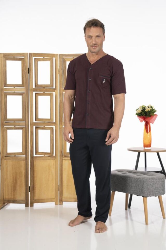 Estiva Erkek Önden Düğmeli Kısa Kollu Cepli Yazlık Penye Pijama Takımı 2XL - Bordo