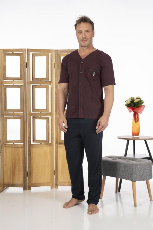 Estiva Erkek Önden Düğmeli Kısa Kollu Cepli Yazlık Penye Pijama Takımı 2XL - Bordo