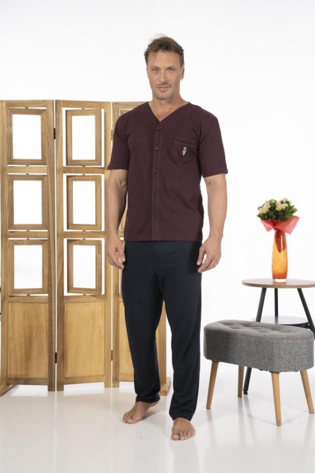 Estiva Erkek Önden Düğmeli Kısa Kollu Cepli Yazlık Penye Pijama Takımı 2XL - Bordo