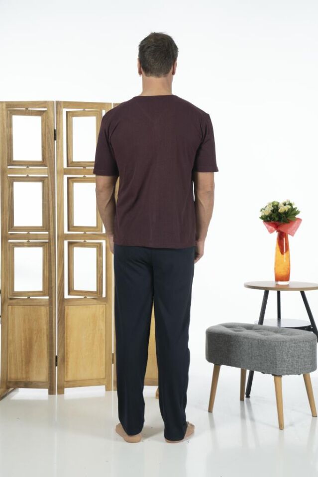 Estiva Erkek Önden Düğmeli Kısa Kollu Cepli Yazlık Penye Pijama Takımı 2XL - Bordo