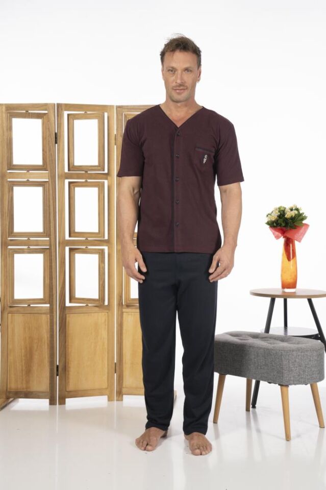 Estiva Erkek Önden Düğmeli Kısa Kollu Cepli Yazlık Penye Pijama Takımı 3XL - Bordo