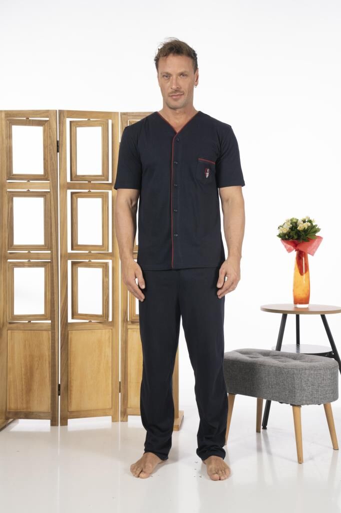 Estiva Erkek Önden Düğmeli Kısa Kollu Cepli Yazlık Penye Pijama Takımı Lacivert - M