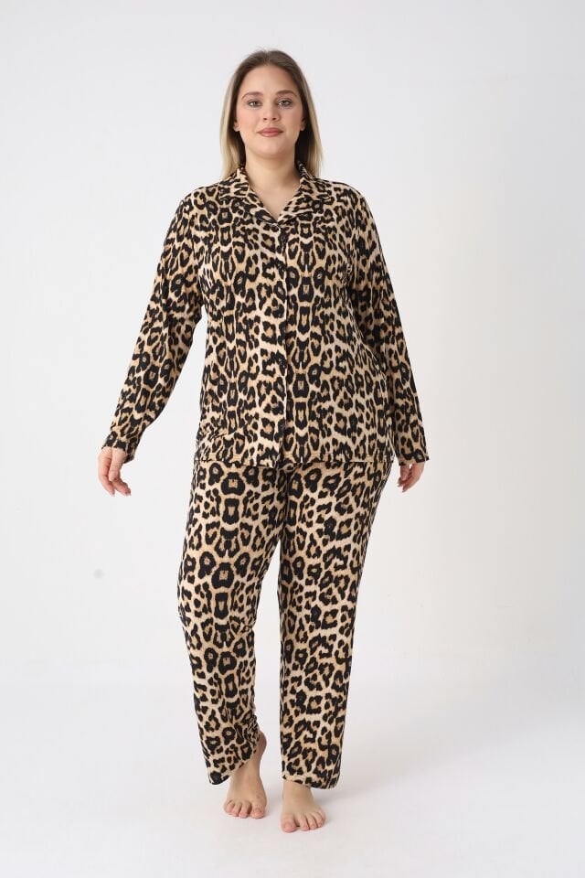 Estiva Kadın Kaplan Desenli Kahverengi Önden Düğmeli Soft Battal Pijama Takımı