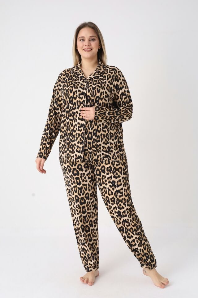 Estiva Kadın Kaplan Desenli Kahverengi Önden Düğmeli Soft Battal Pijama Takımı