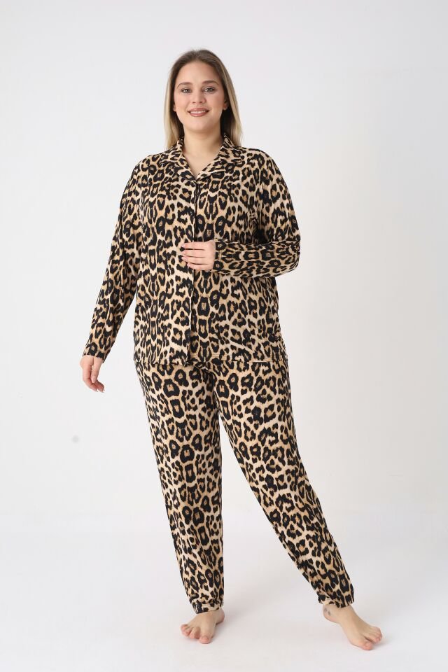 Estiva Kadın Kaplan Desenli Kahverengi Önden Düğmeli Soft Battal Pijama Takımı