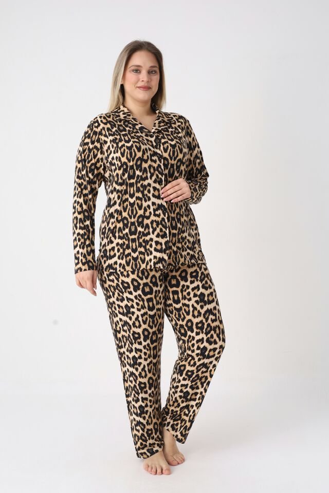 Estiva Kadın Kaplan Desenli Kahverengi Önden Düğmeli Soft Battal Pijama Takımı