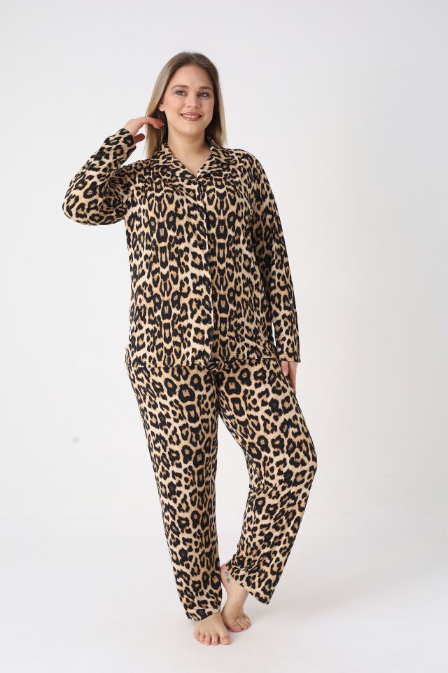 Estiva Kadın Kaplan Desenli Kahverengi Önden Düğmeli Soft Battal Pijama Takımı